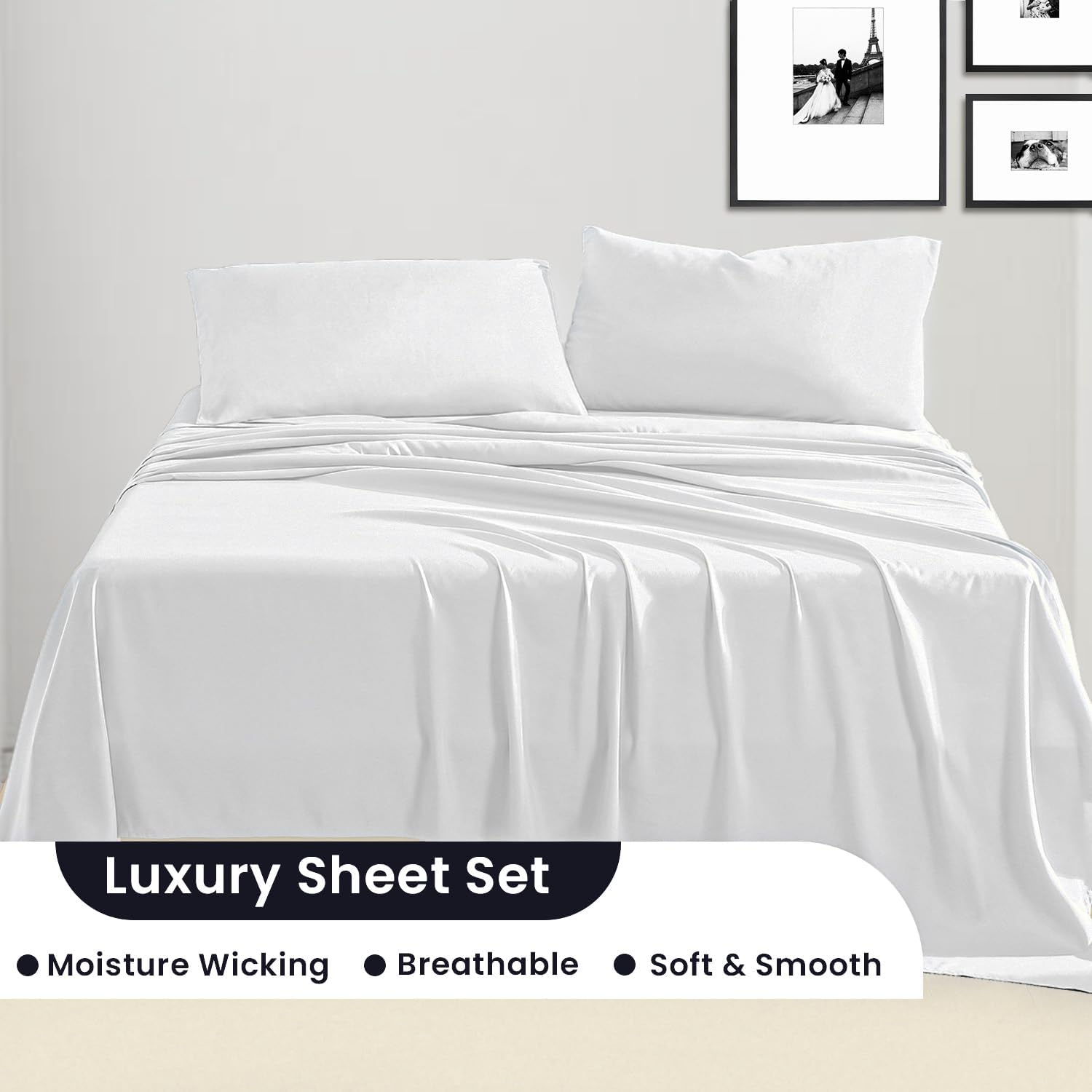 SGI bedding 100% Egyptian Cotton 600 TC Sheet Set Soft & Smooth Sateen Weave 4 Pc Sheet Set - 1 Fitted Sheet, 1 Flat Sheet & 2 Pillowcase 15" inch Deep Pocket (Full, White Solid)