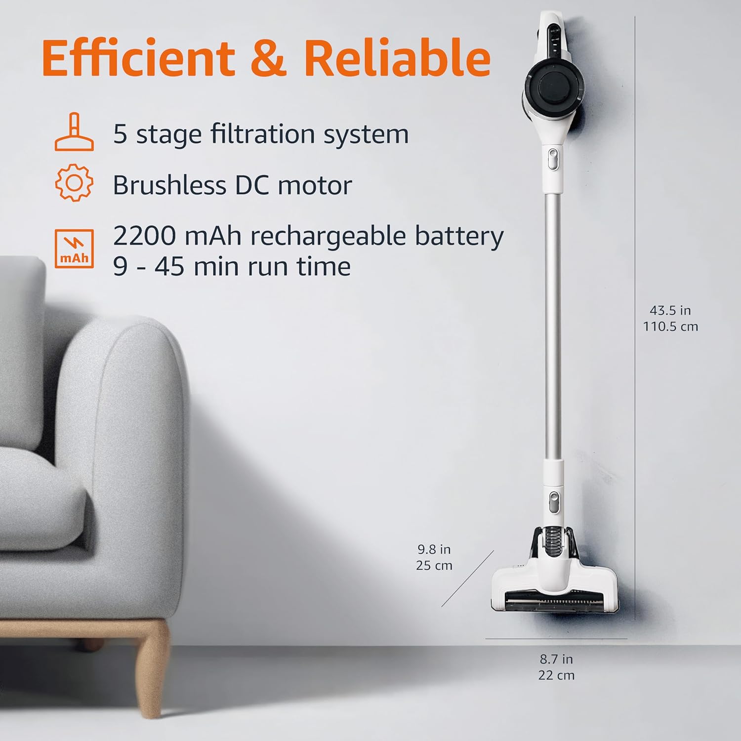 Amazon Basics Cordless Stick Vacuum Cleaner, Lightweight (5 lbs), Powerful Suction for Carpet and Hardwood Floors in Small/Medium-Sized Rooms, 0.4L Dust Cup, 250W, White