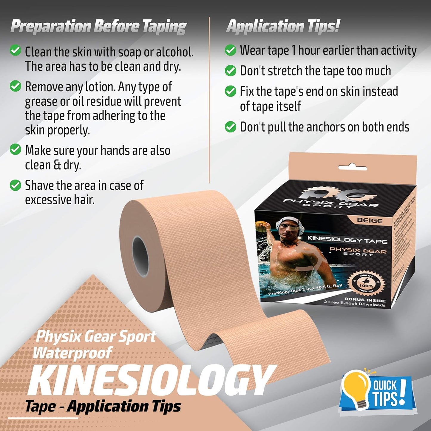 Physix Gear Sport Kinesiology Athletic Tape – 1 Pack, Beige (2 in x 16.5 ft Roll) – Durable Support for Muscles & Joints