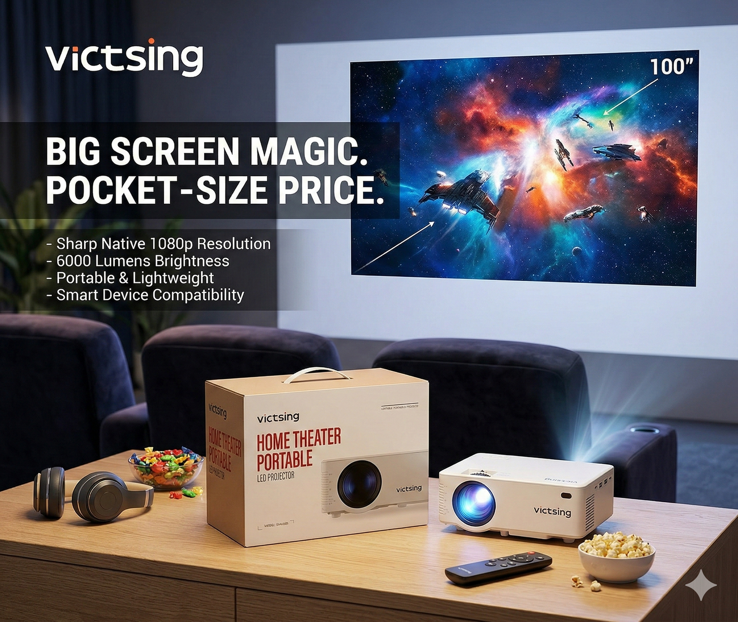 Victsing Home Theater Portable LED Projector – Model BH400B