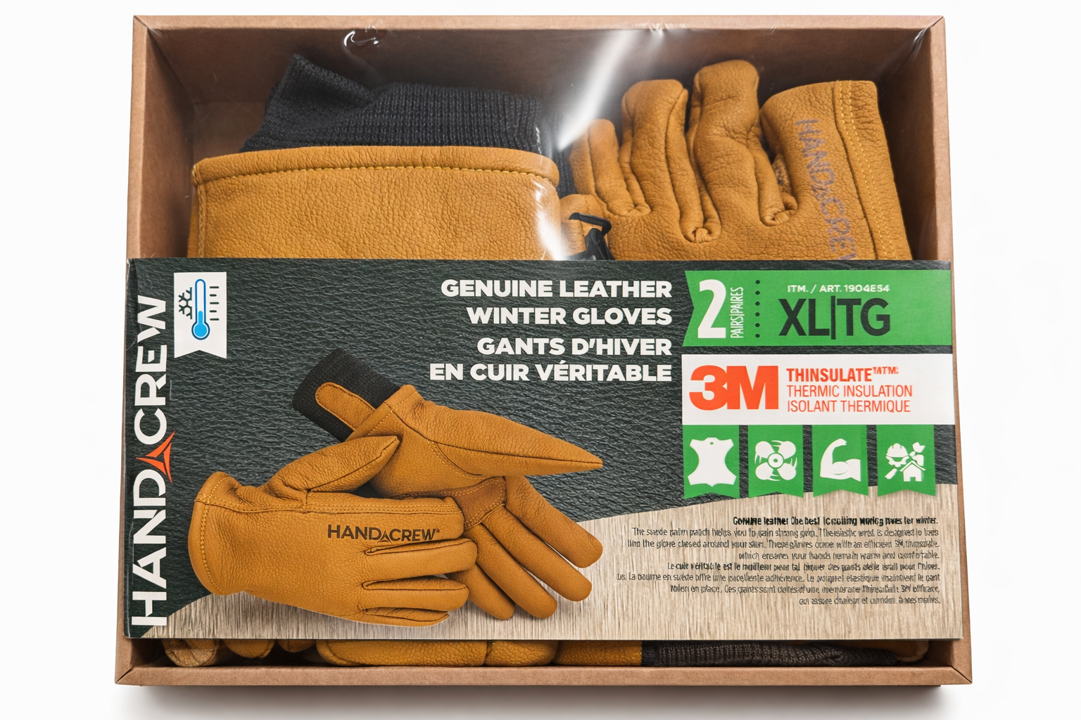 HANDCREW Genuine Leather Winter Gloves – 2 Pair (XL)