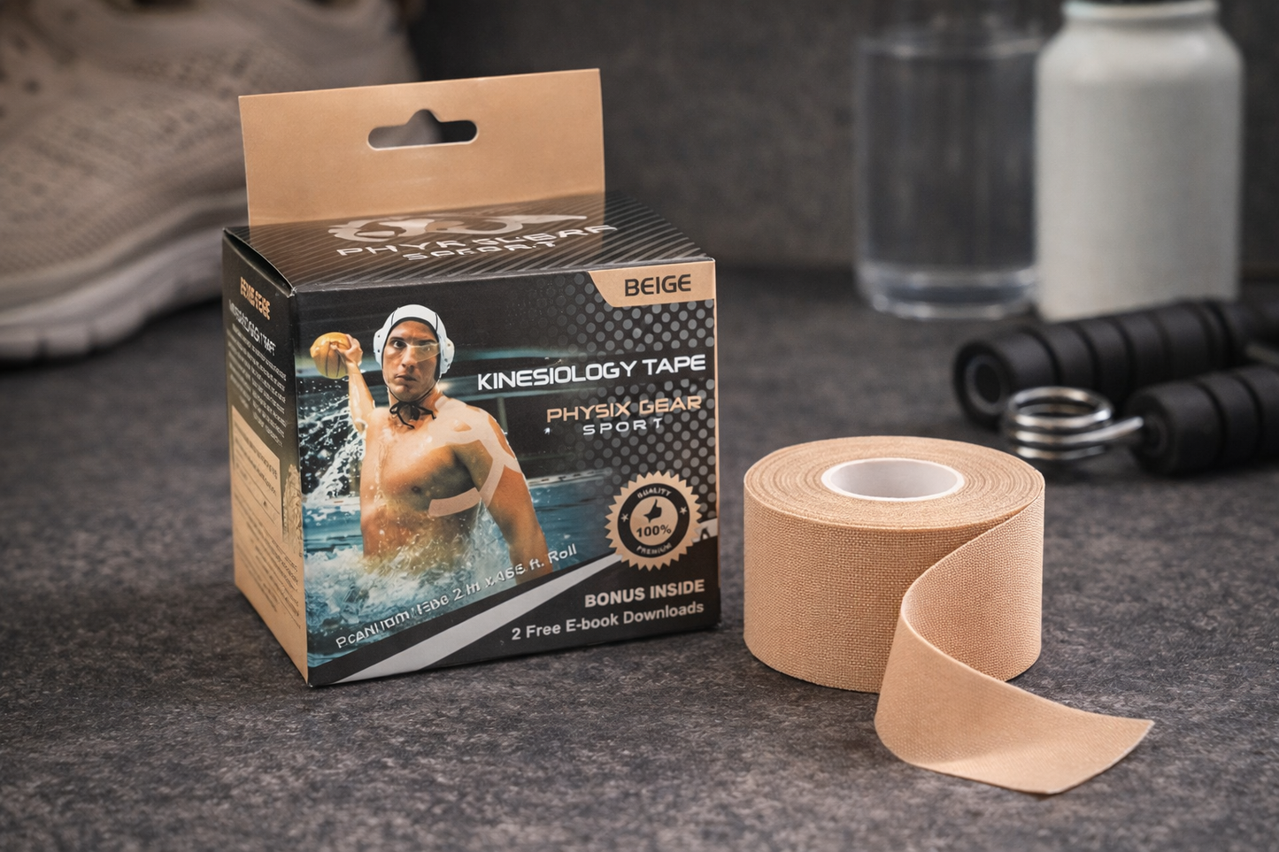 Physix Gear Sport Kinesiology Athletic Tape – 1 Pack, Beige (2 in x 16.5 ft Roll) – Durable Support for Muscles & Joints