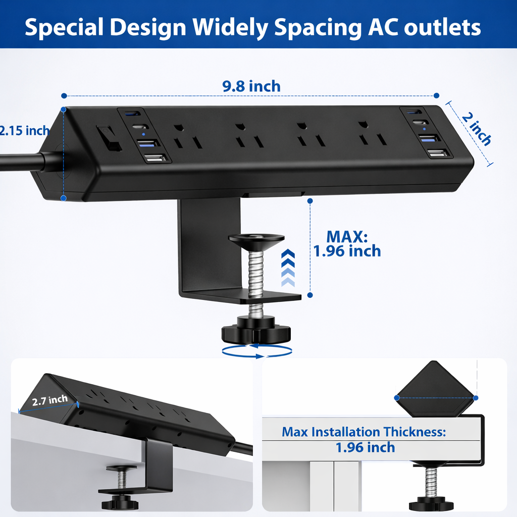 40W Fast Charging Desk Clamp Power Strip with 4 USB-C Ports and 8 AC Outlets Desktop Edge Mount Surge Protector
