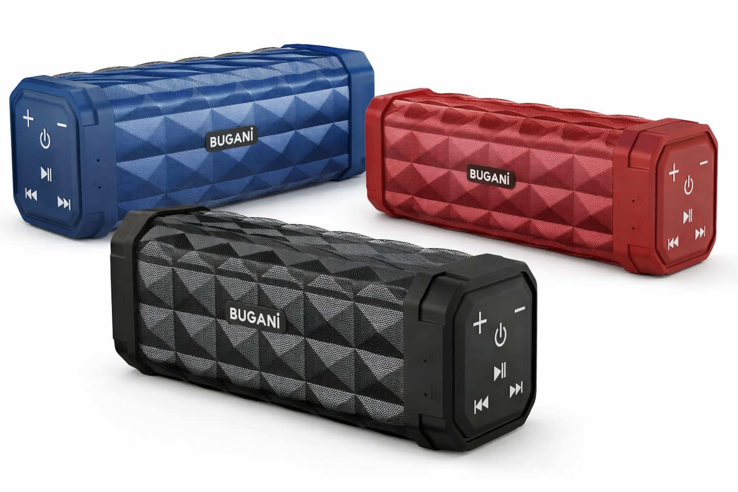 BUGANI Portable Bluetooth Speaker 100ft Wireless Range Stereo Sound IPX5 Waterproof 24H Playtime