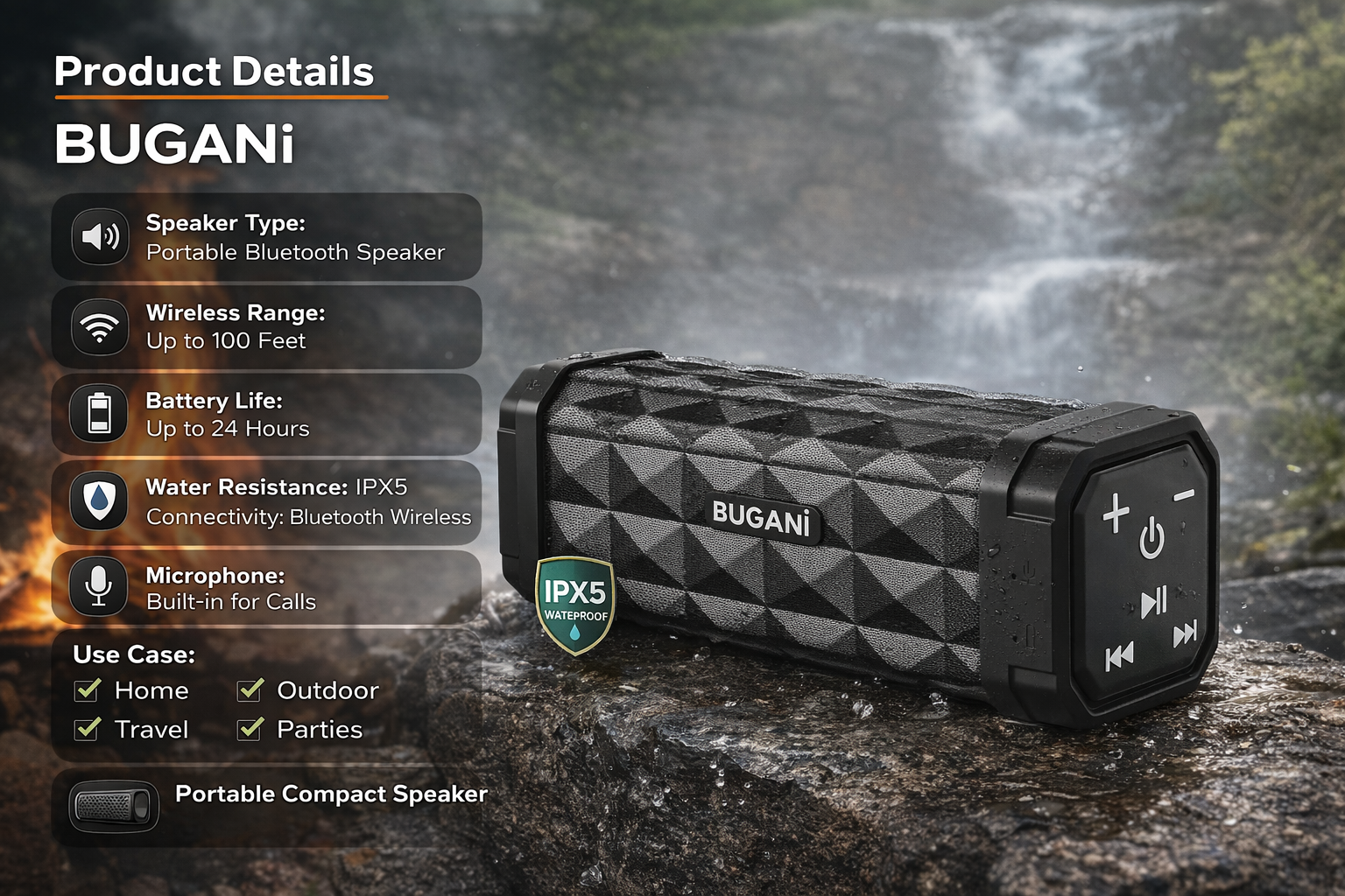 BUGANI Portable Bluetooth Speaker 100ft Wireless Range Stereo Sound IPX5 Waterproof 24H Playtime