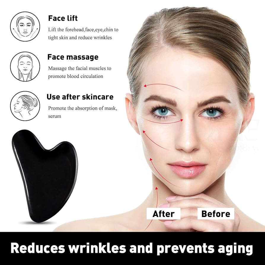 Gua Sha Massage Tool,Black Guasha Board Facial Tool,Skin Care Massager,Natural Jade Stone for Face,Eyes,Neck & Body-Spa Relaxing Meditation,Traditional Acupuncture Therapy Fight Against Aging