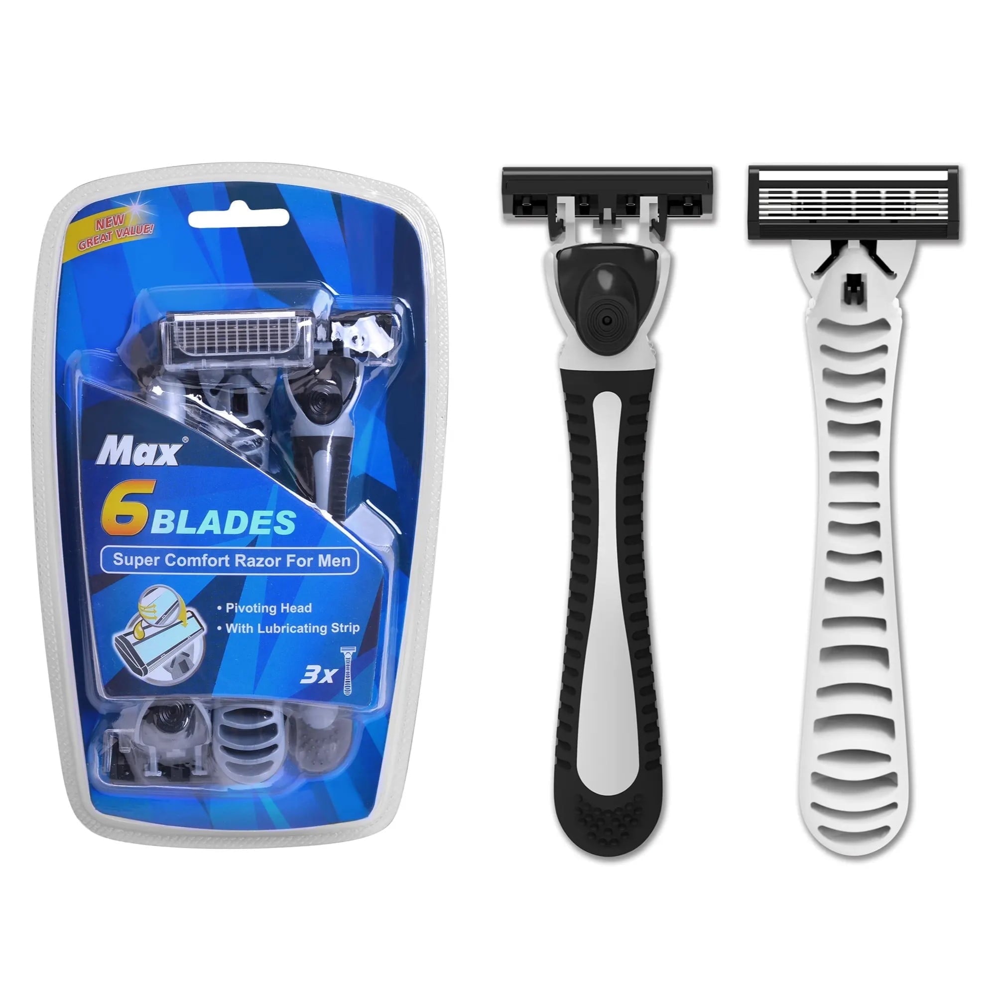 Max A Series 6 Layer Stainless Steel Razor Blades With Pivoting Rounded Head, Lubricating Strip Super Comfort Razor For Men, 3 Pack. product image