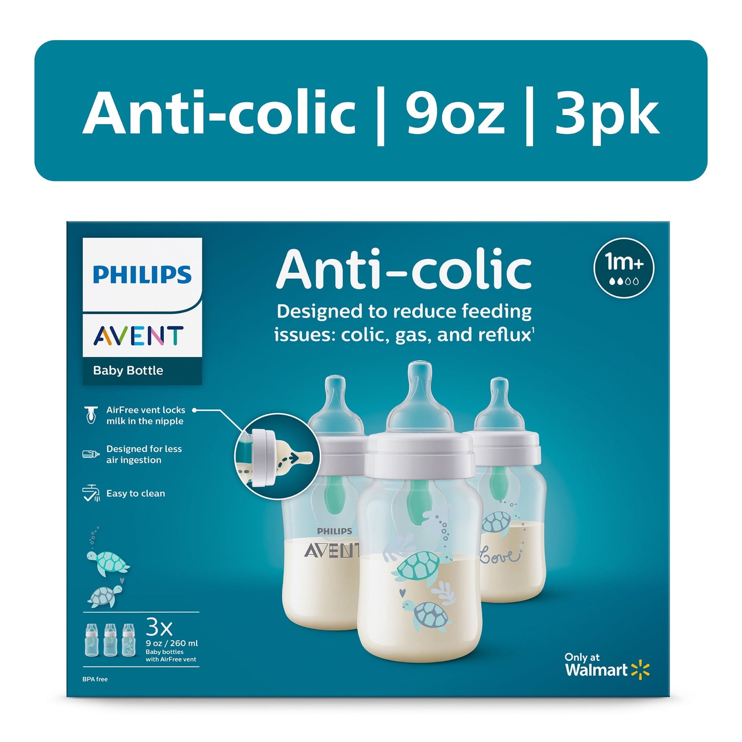 Philips Avent Anti-colic Baby Bottle with AirFree Vent with Turtle Design, 9oz, 3pk, SCY703/78