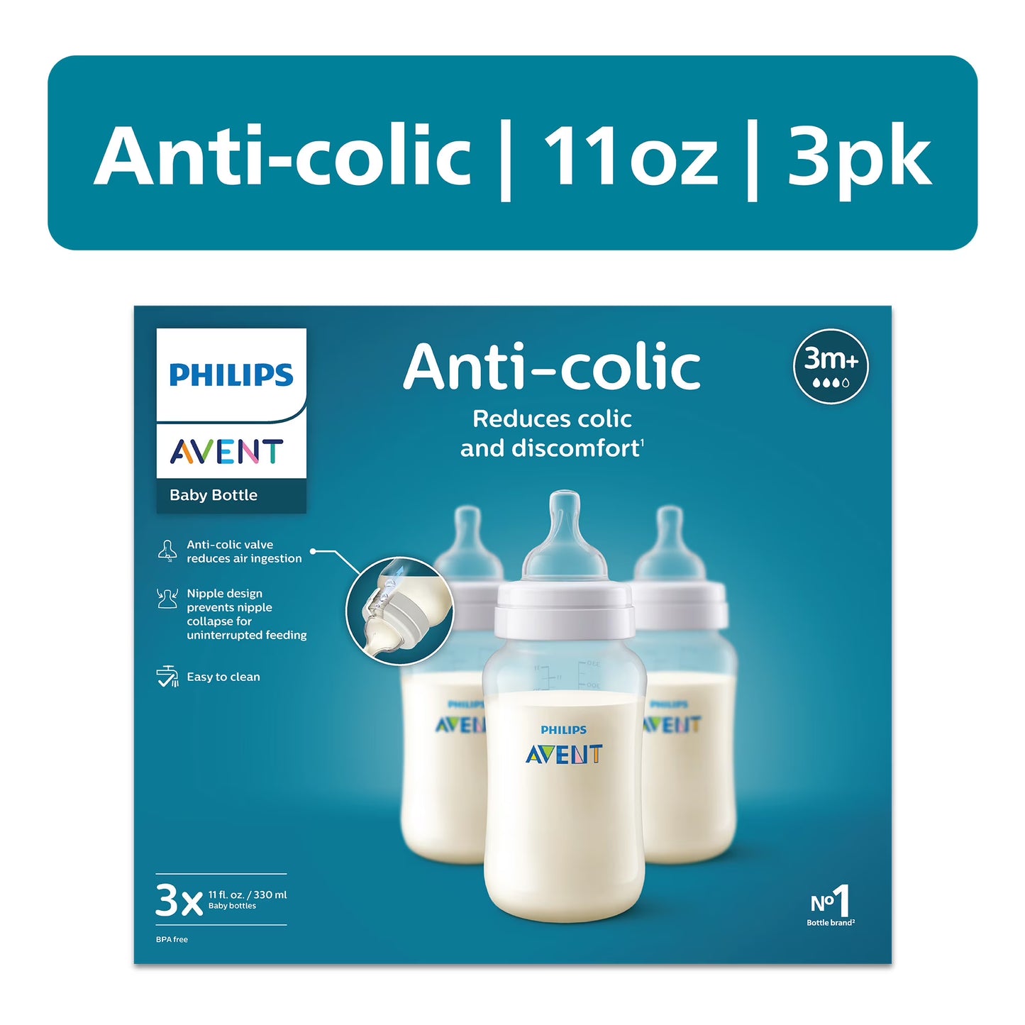 Philips Avent Anti-colic Baby Bottles, 11oz, 3pk, Clear, SCY106/03 product image