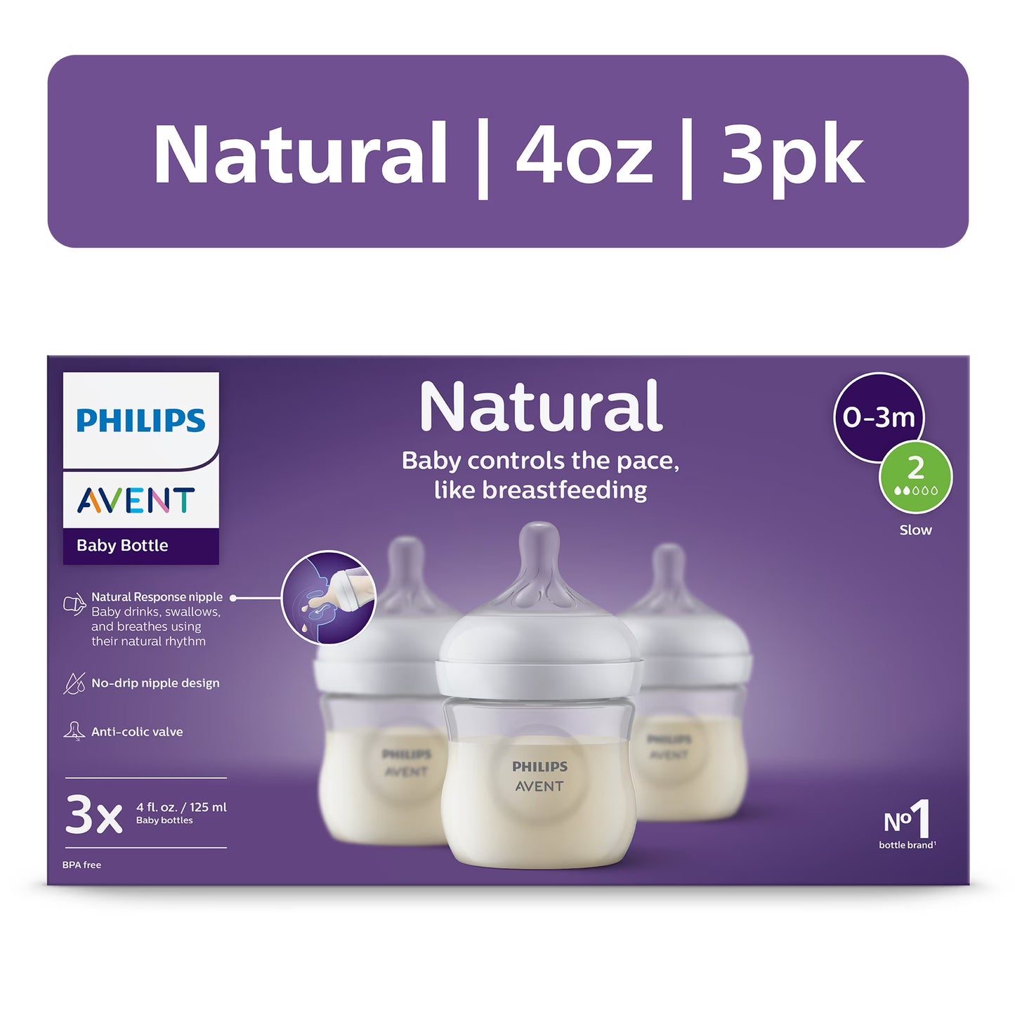 Philips Avent Natural Baby Bottle with Natural Response Nipple Slow Flow, Flow 2, 4oz, 3-Pack, SCY900/93 product image