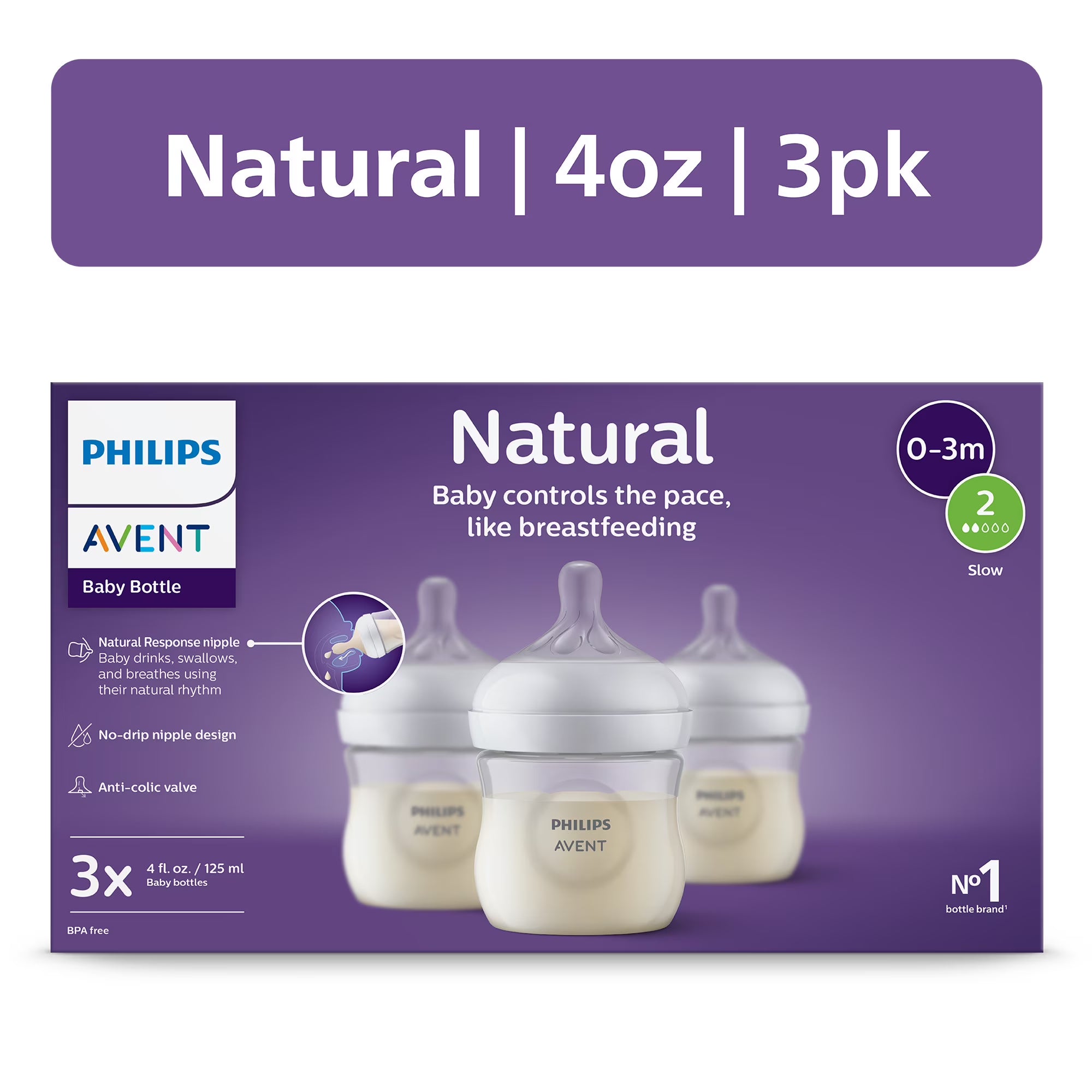 Philips Avent Natural Baby Bottle with Natural Response Nipple Slow Flow, Flow 2, 4oz, 3-Pack, SCY900/93 product image