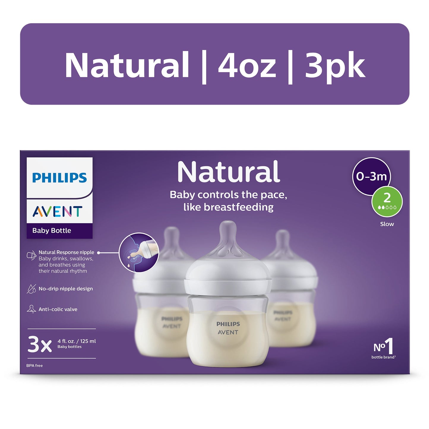 Philips Avent Natural Baby Bottle with Natural Response Nipple (Slow Flow, Flow 2), 4oz, 3-Pack, SCY900/93