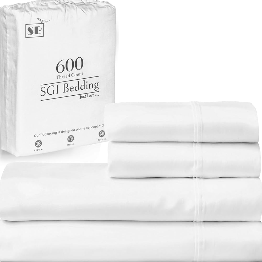 SGI bedding 100% Egyptian Cotton 600 TC Sheet Set Soft and Smooth Sateen Weave 4 Pc Sheet Set - 1 Fitted Sheet, 1 Flat Sheet and 2 Pillowcase 15" inch Deep Pocket Full, White Solid product image