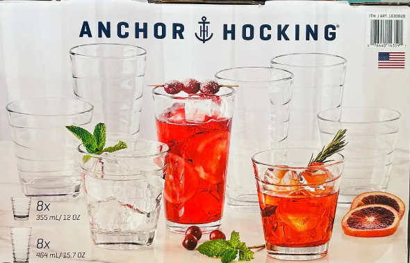 Anchor Hocking Glass Drinkware Set – 16-Piece Clear Glass Tumbler Set for Everyday Use